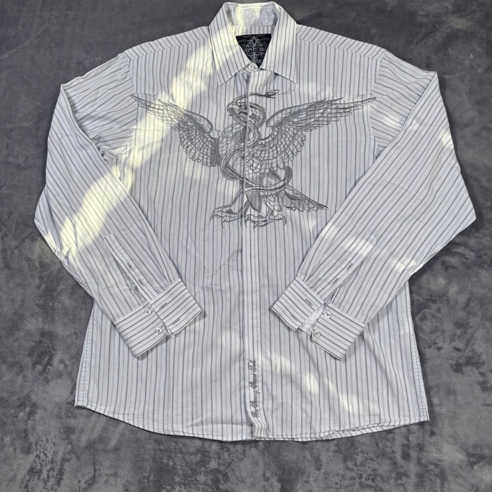 Roar Mens XL White Pinstripe Embroidered Eagle Wing Graphic Button Down Shirt
